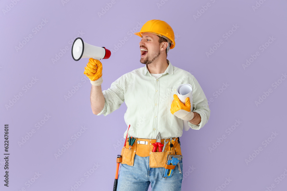 Male builder with house plan shouting into megaphone on lilac background