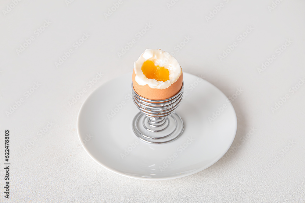 Holder with boiled chicken egg on white background