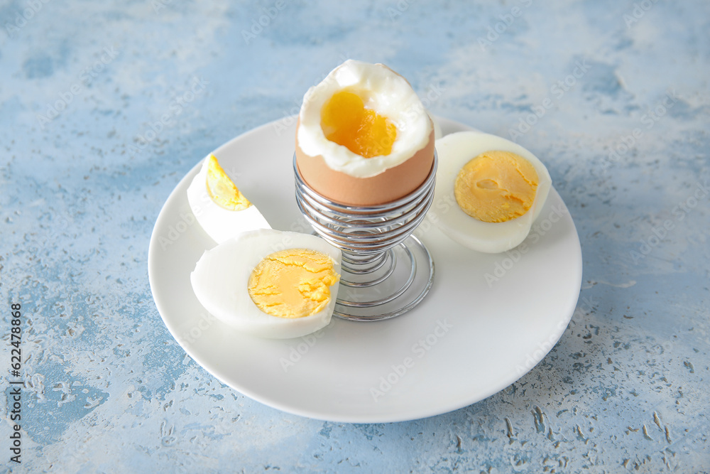 Holder with boiled chicken egg on blue table