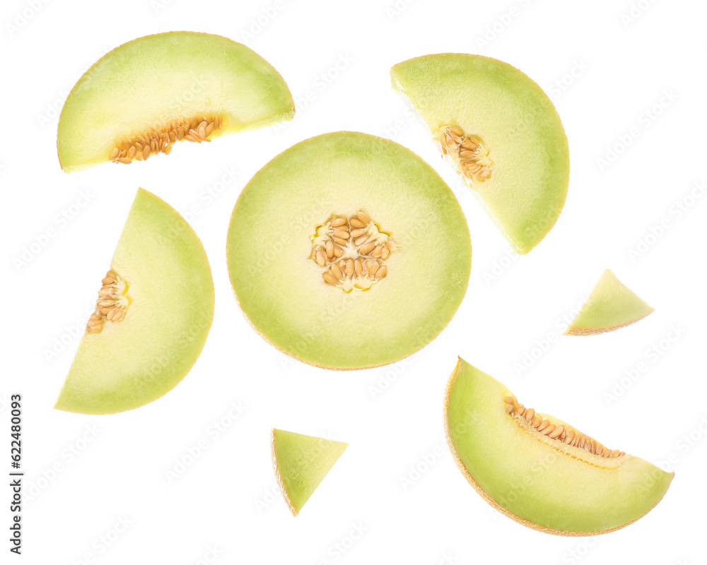 Pieces of sweet melon on white background