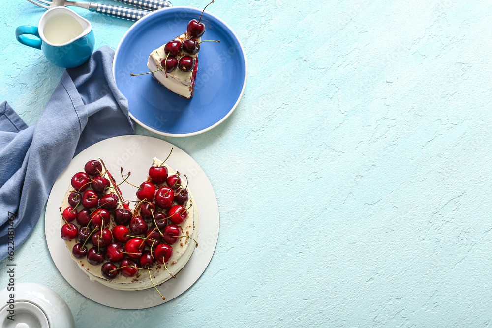 Tasty cherry cake on light background