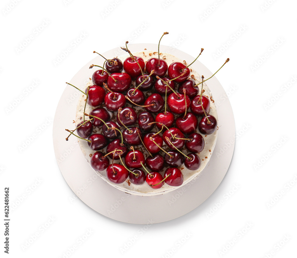 Tasty cherry cake isolated on white background