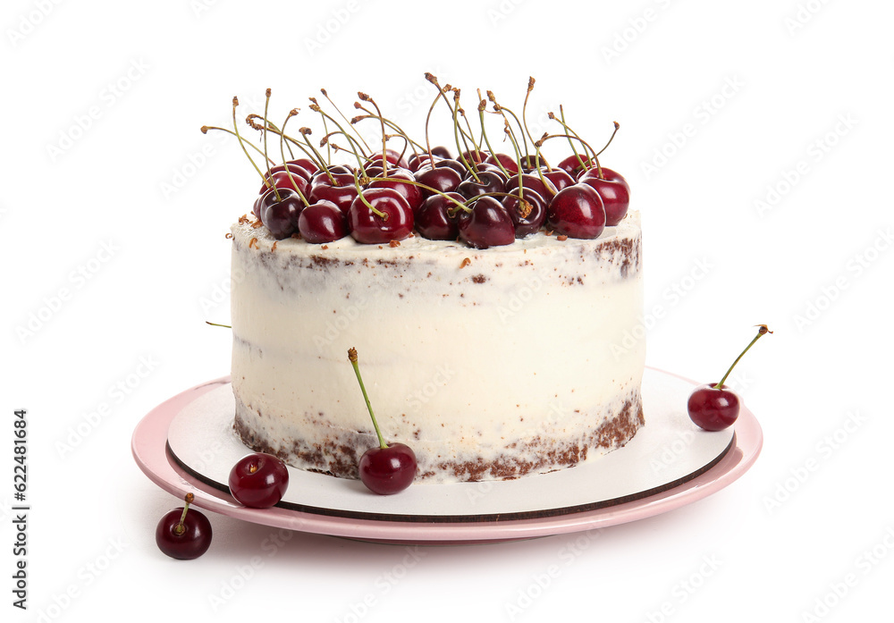 Plate with tasty cherry cake isolated on white background