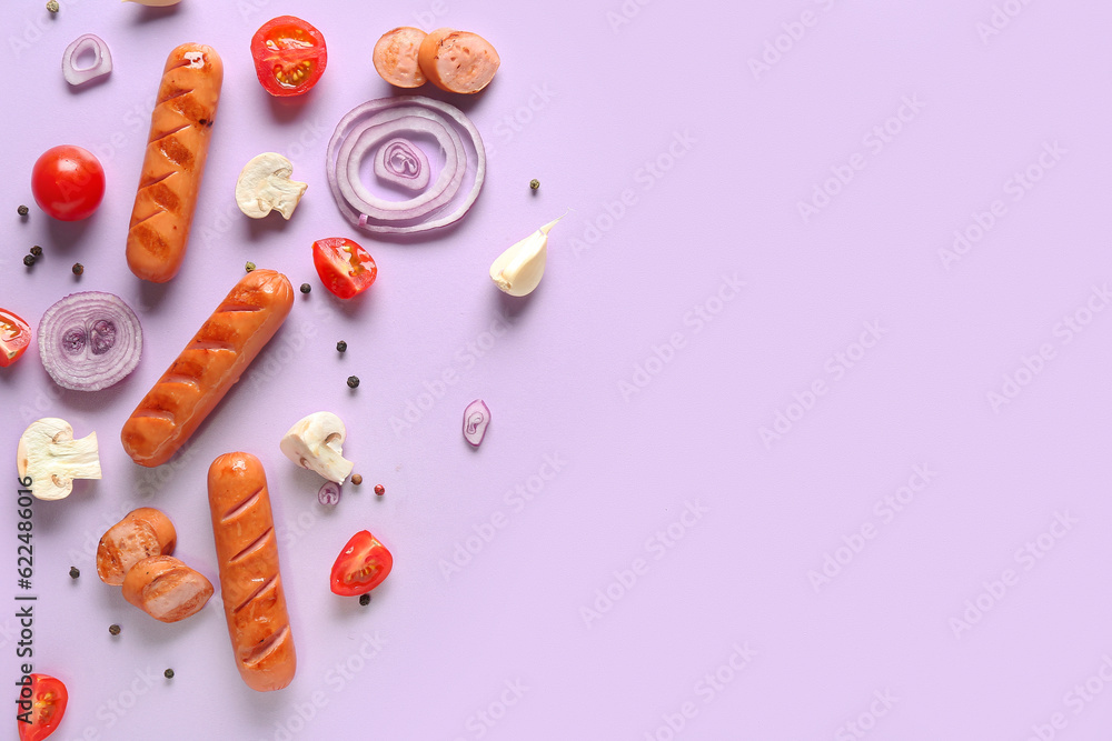 Tasty grilled sausages and vegetables on lilac background