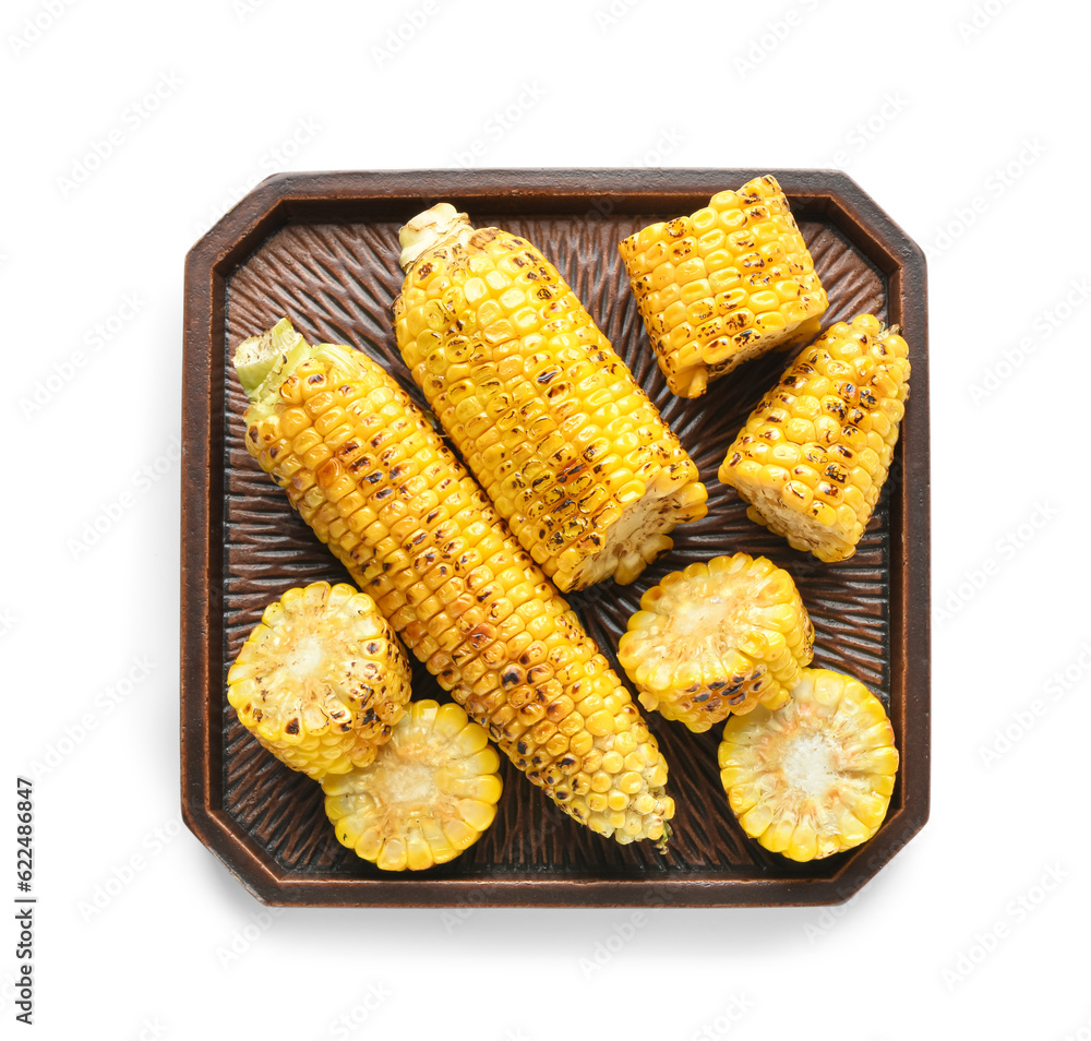 Tray with tasty grilled corn cobs on white background