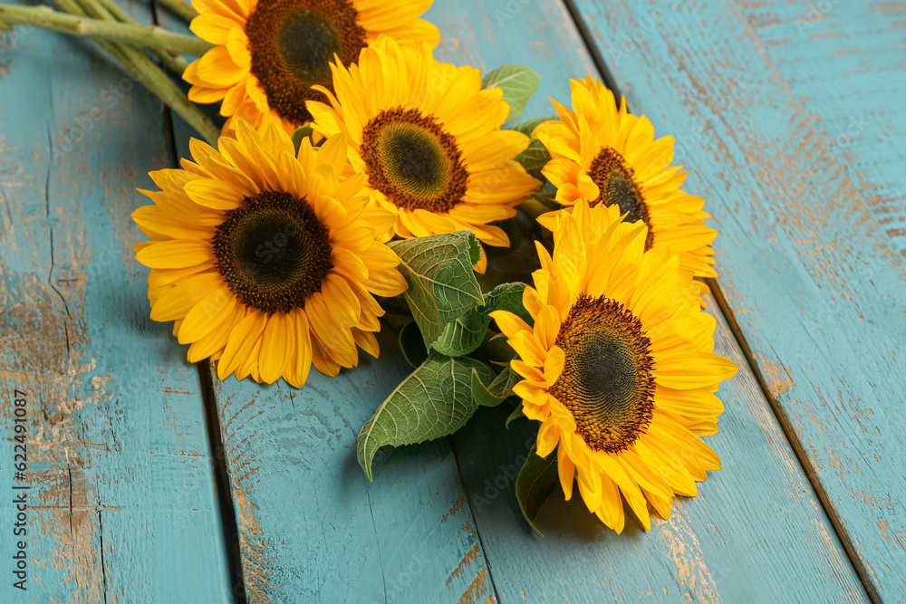 Beautiful sunflowers on blue wooden background