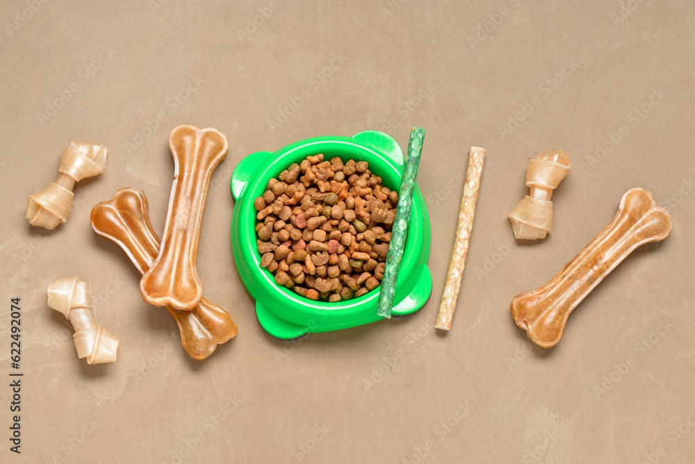 Bowl of dry dog food and treats on color background