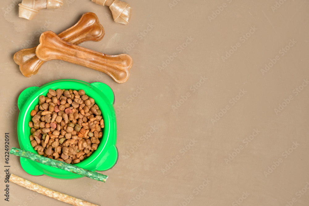 Bowl of dry dog food and treats on color background