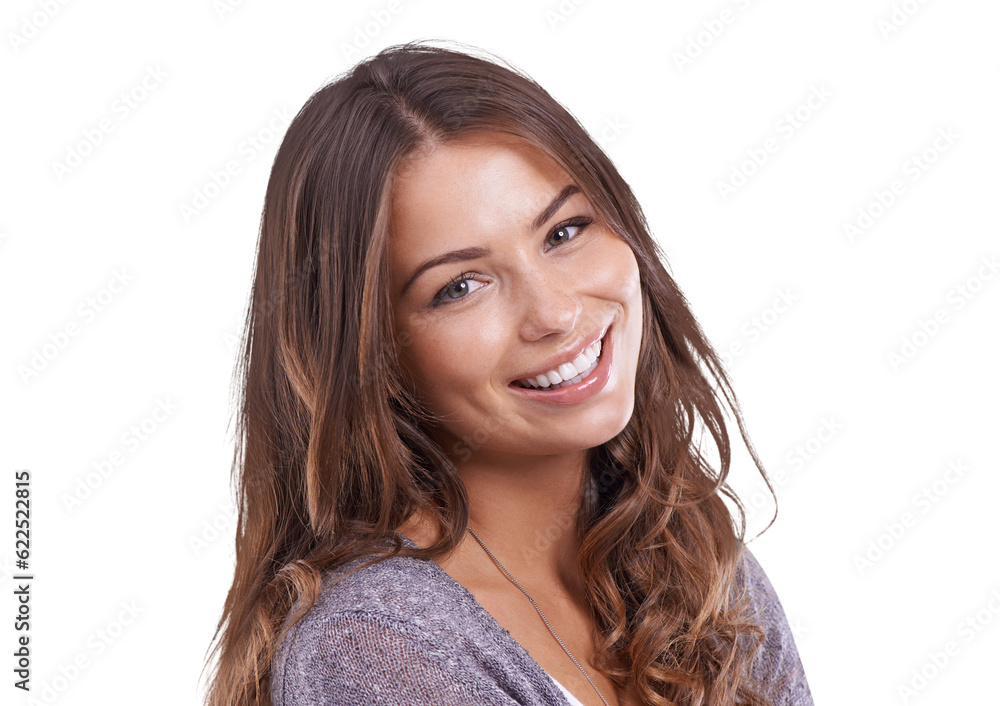 Happy, portrait and girl with natural beauty, confidence or college student on isolated, transparent