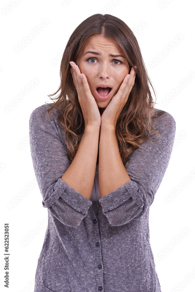 Woman, surprise and shock in portrait, touching face and drama with reaction to news isolated on png