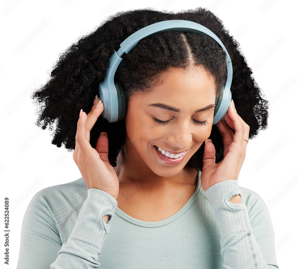 Headphones, music and happy woman relax streaming on isolated, transparent and png background. Radio