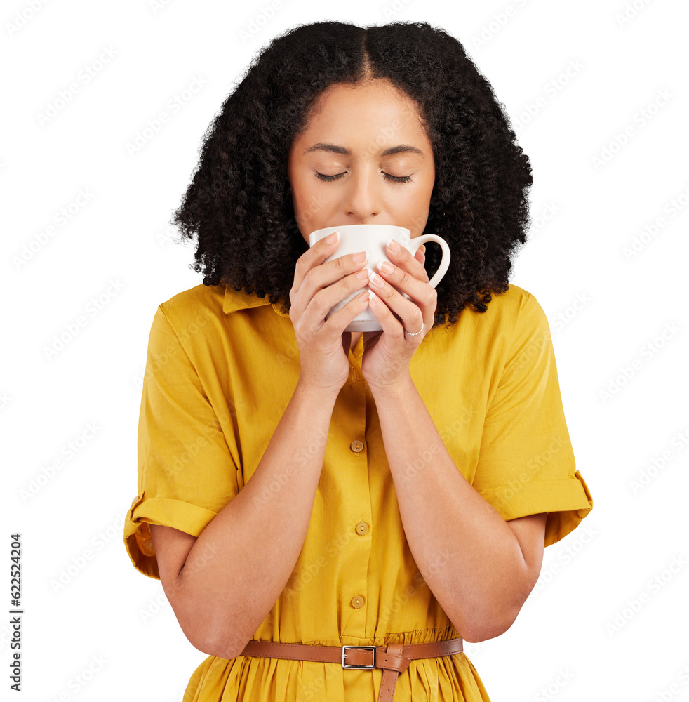 Young woman smelling the coffee aroma in a mug with a peace, calm or positive mindset. Happy female 