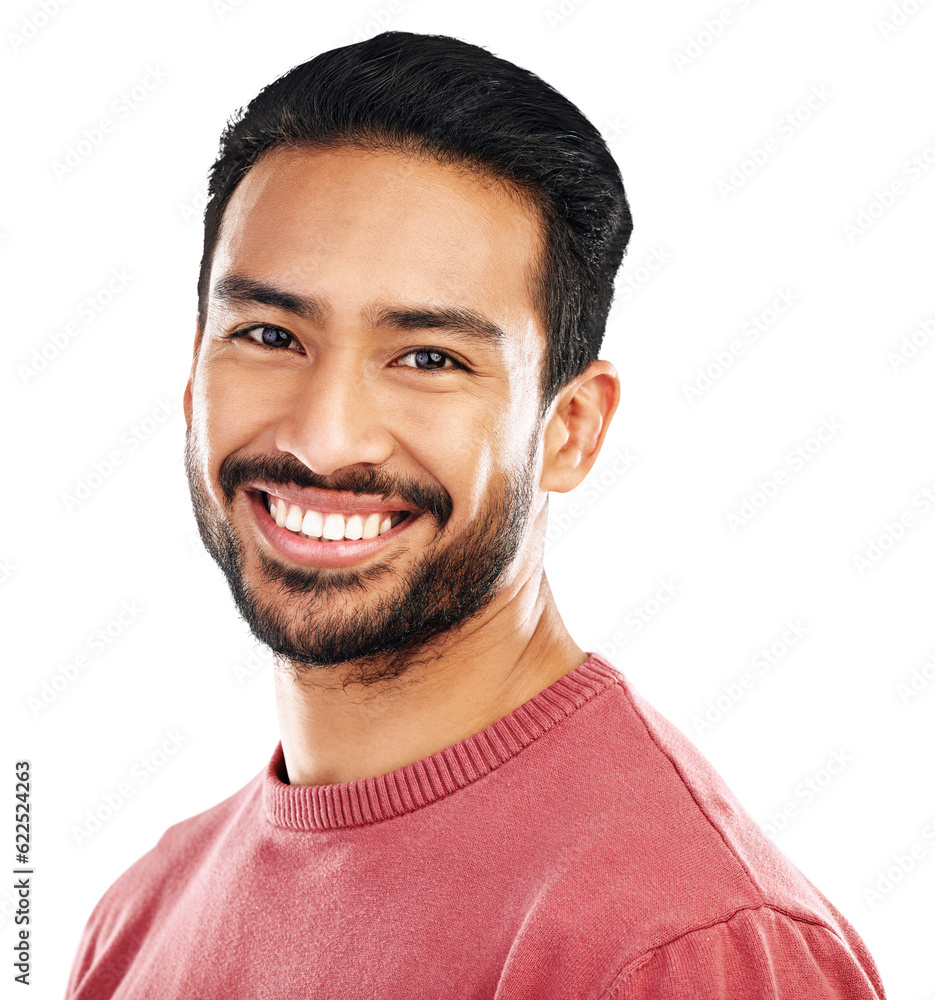 Isolated young man, headshot portrait and smile for confidence, beard or pride by transparent png ba