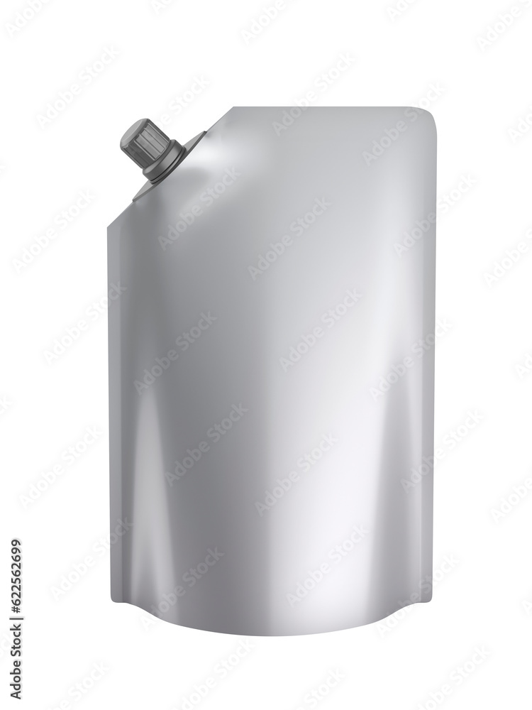 Silver stand-up pouch with spout on transparent background