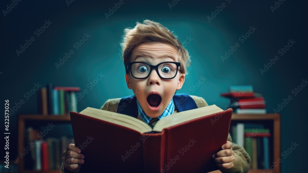 Surprised little boy in glasses with backpack reading book on blue background. Back to school concep