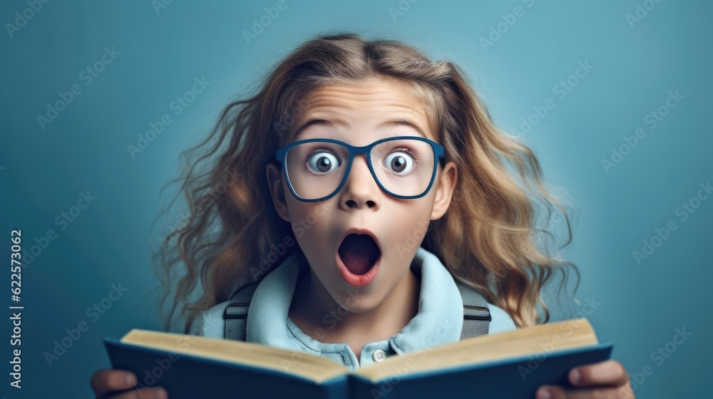 Surprised little girl in glasses with backpack reading book on blue background. Back to school conce