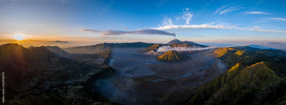 Panorama of Bromo active volcano at sunrise, East Java, Indonesia