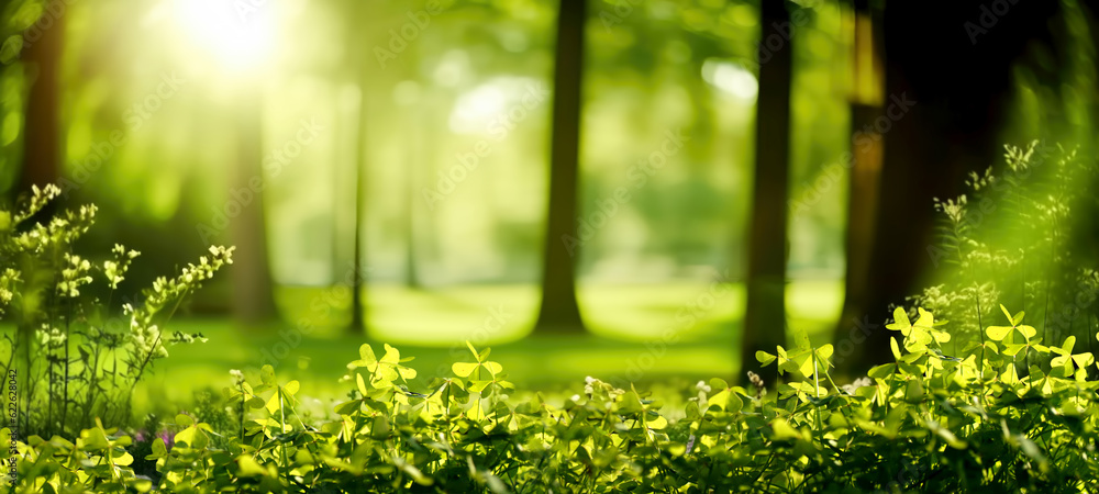 Defocused green trees in forest or park with wild grass and sun beams. Beautiful summer spring natur