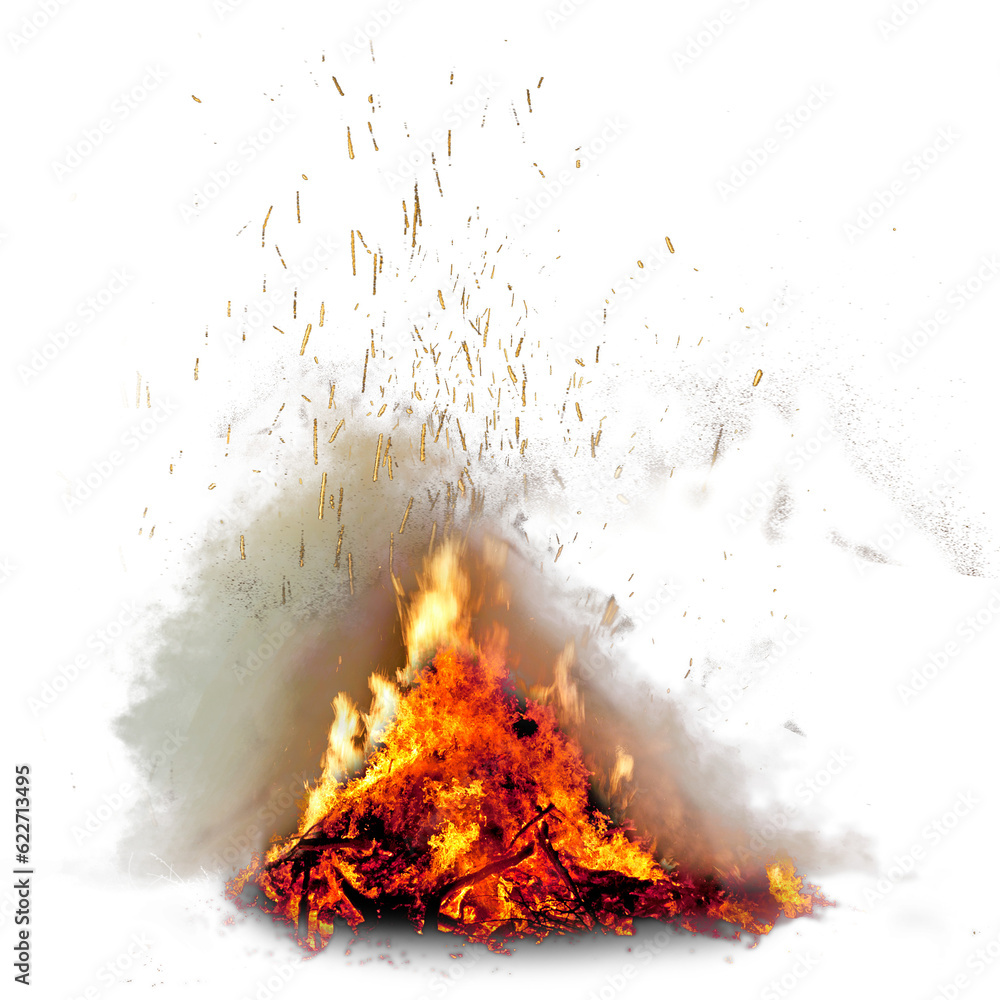 Bonfire with hot flames, smoke and sparks, transparent png. Works best on dark background.