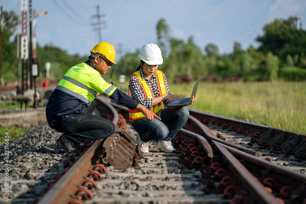 Architects and engineers are pointing at the railway track where the repair process of the railway s