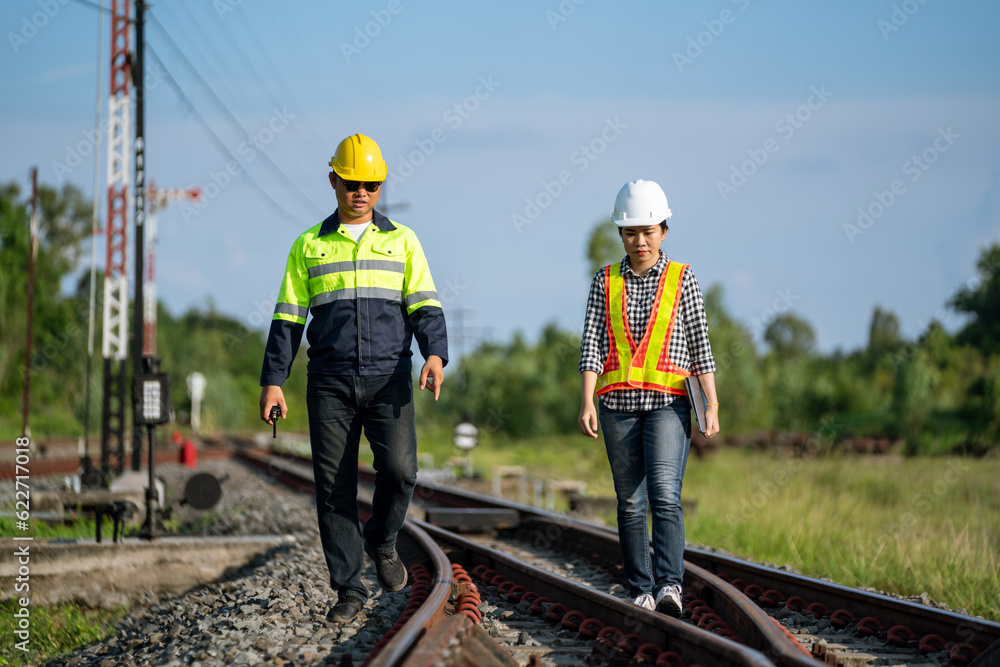 Architects and engineers walking on railway tracks inspecting railway tracks to plan maintenance.