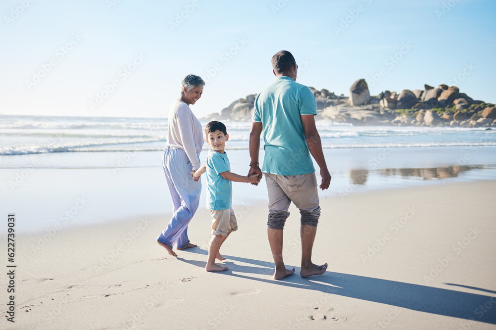 Beach, walking and grandparents holding hands with child for bonding, quality time and relax in natu