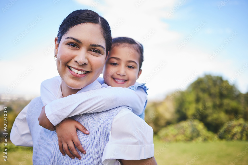 Happy mother, portrait and hug with child for quality time, bonding or love together in nature outdo