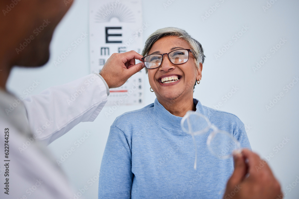 Glasses, doctor or happy old woman in eye test assessment for healthcare, wellness or vision examina