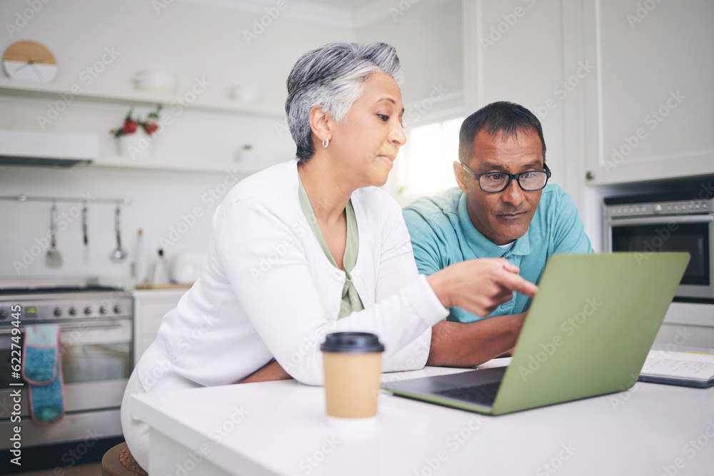 Mature couple, laptop and pointing for internet connection, communication or social media post. A ma