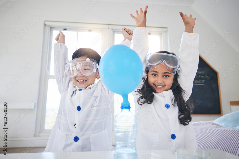 Portrait, children science and siblings winning in a home with a balloon for education, learning or 