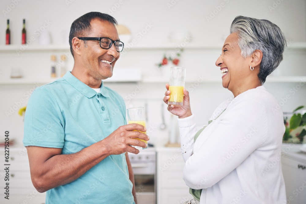 Happiness, senior couple and juice with love in kitchen for bonding in retirement or morning. Marria