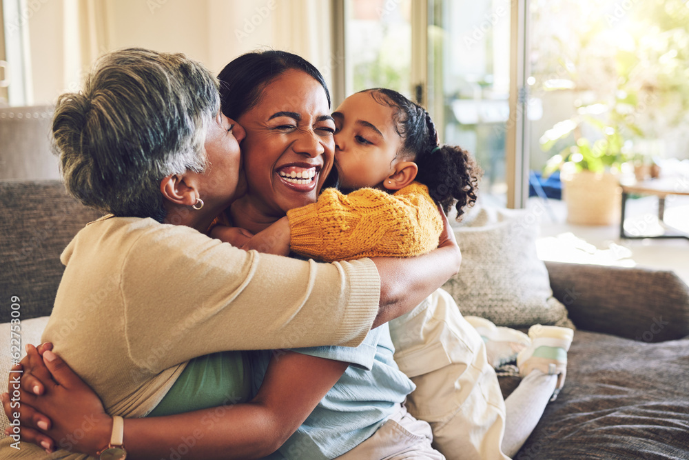 Grandma, mother and hug child, kiss in home and bonding together, funny and laughing. Happy, mom and