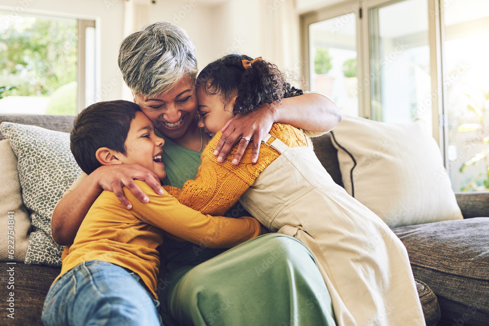 Hug, grandma or happy kids on a sofa with love enjoying quality bonding time together in family home