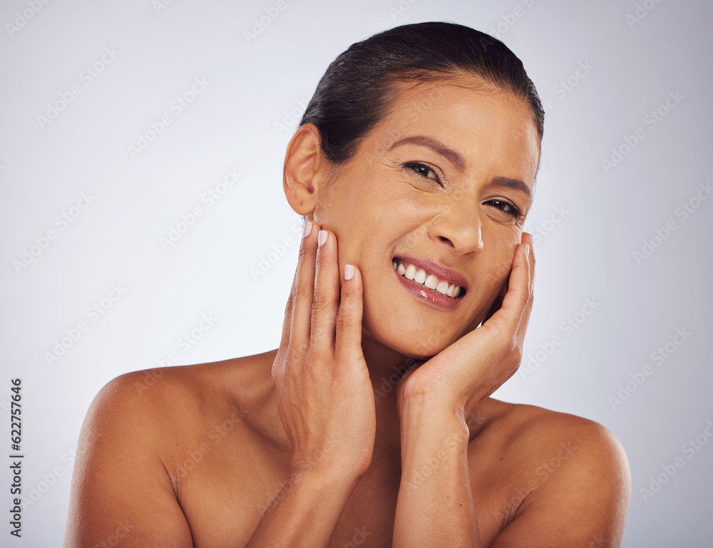 Portrait, cosmetics and woman with skincare, natural beauty and grooming against a studio background