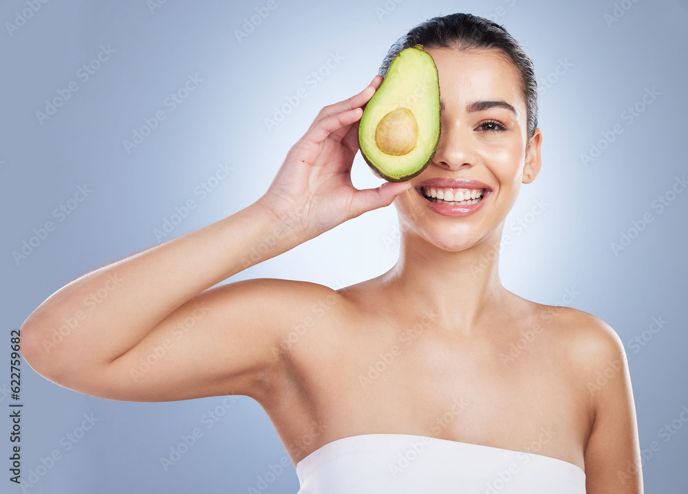 Avocado, skincare and portrait of latino woman in studio happy with detox, wellness or omega 3 treat