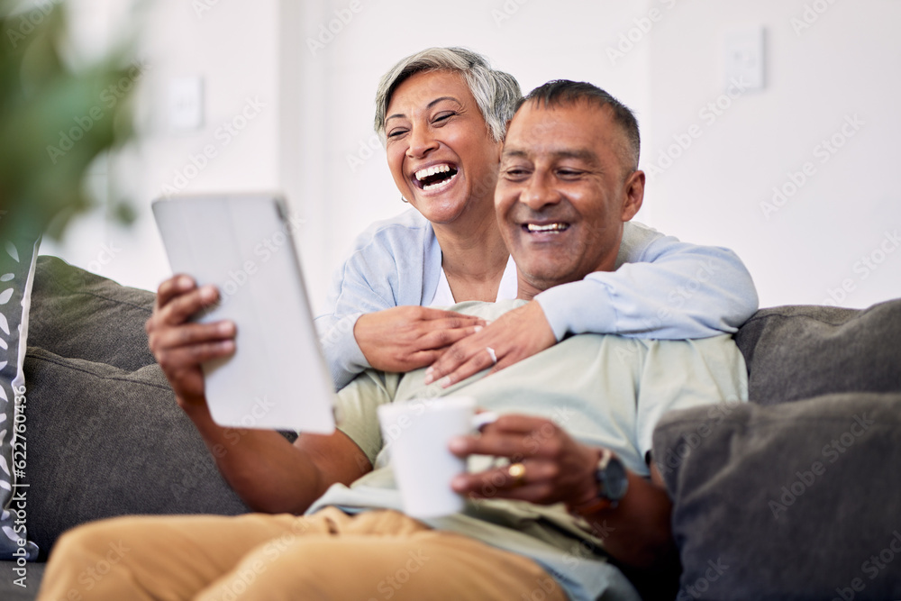 Home, tablet or senior couple laughing, happy and reading funny email, news article joke or social m