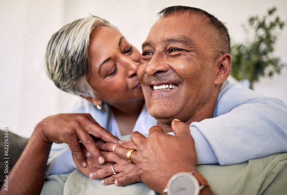 Face, kiss or happy elderly couple hug, support and enjoy time together, smile and retirement wellne