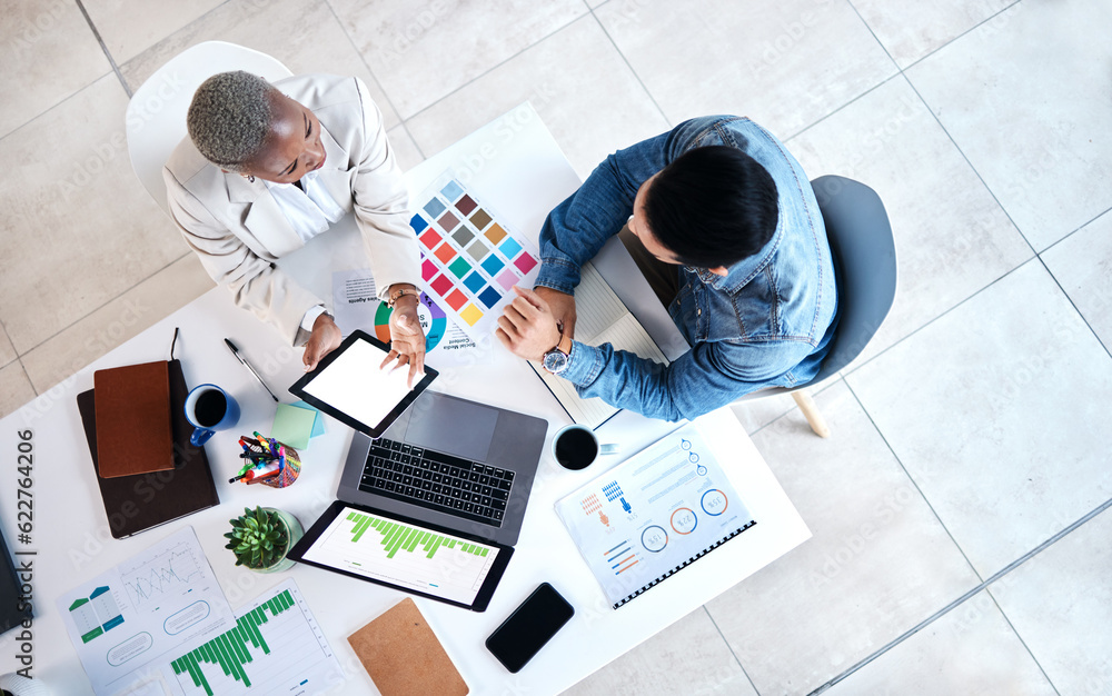 Top view, business people and laptop for web design at desk with teamwork, blank tablet and marketin