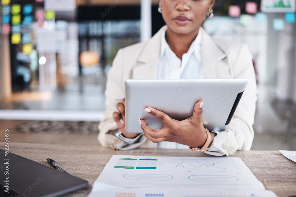 Tablet, data and documents with a business black woman planning a strategy for future development in