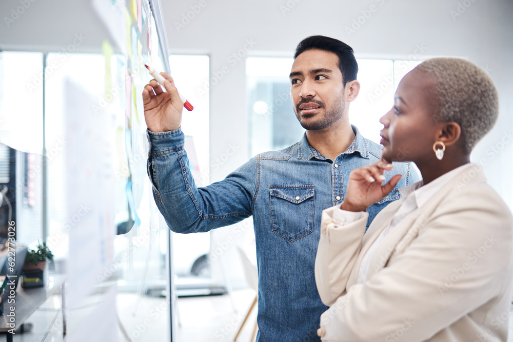 Creative people, writing and thinking on glass board for schedule planning, strategy or brainstormin