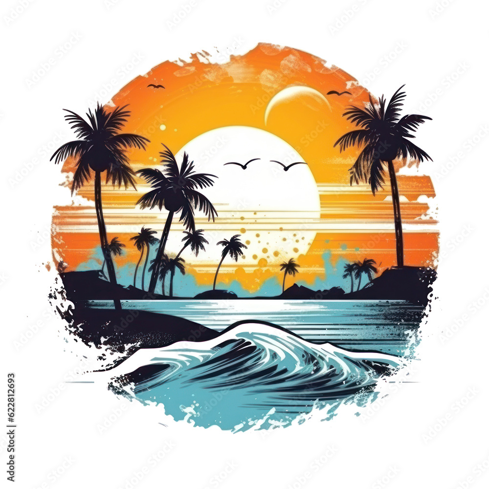 Summer tropical t-shirt design. Illustration AI Generative.