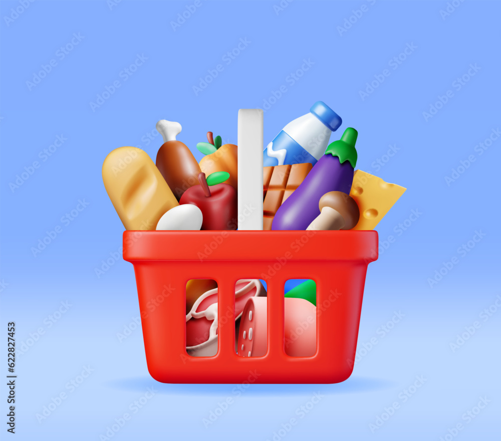 3D Shopping Plastic Basket with Fresh Products. Render Grocery Store, Supermarket. Food and Drinks. 