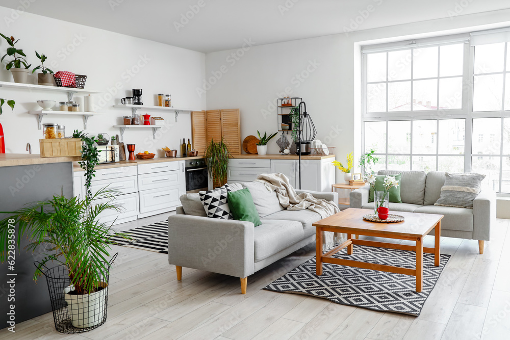 Interior of light kitchen with counters, shelves, table and sofas