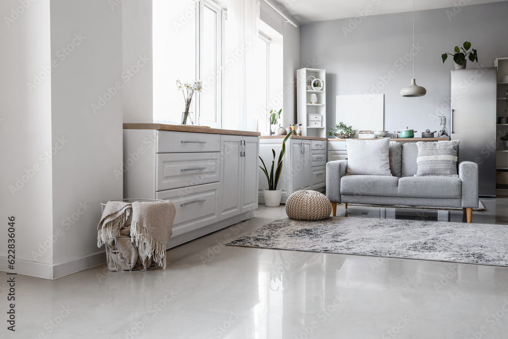 Interior of light kitchen with stylish fridge, counters, sofa and shelving unit