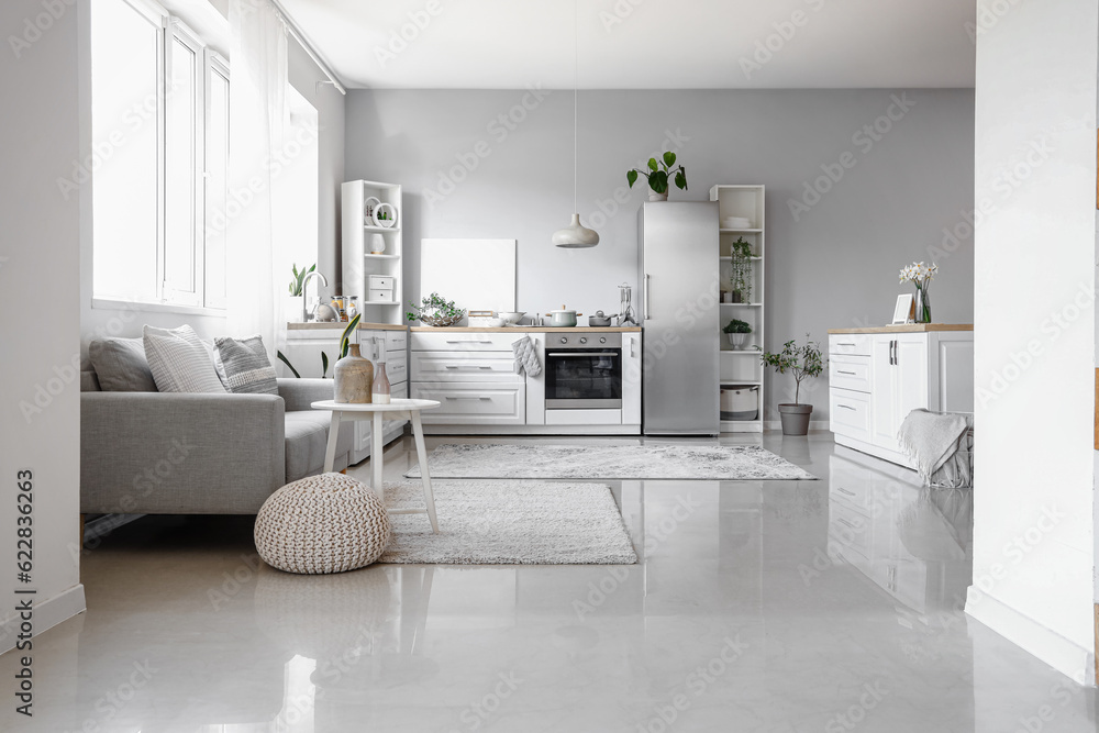 Interior of light kitchen with stylish fridge, counters, sofa and shelving units