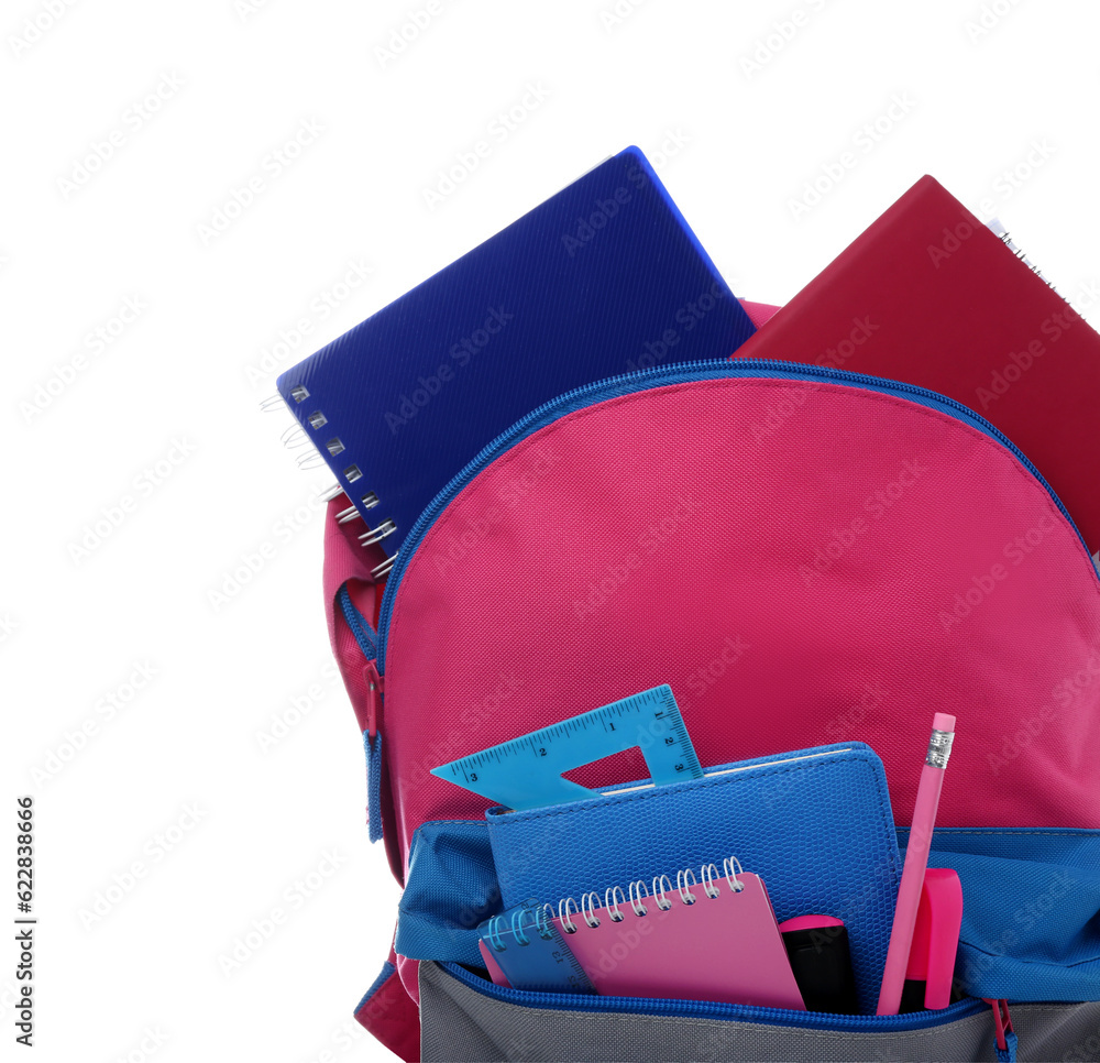 Color school backpack with notebooks, markers and rulers on white background