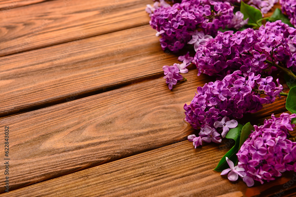 Beautiful bright lilac flowers on wooden background, closeup