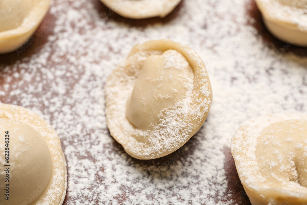 Uncooked dumplings on table, closeup