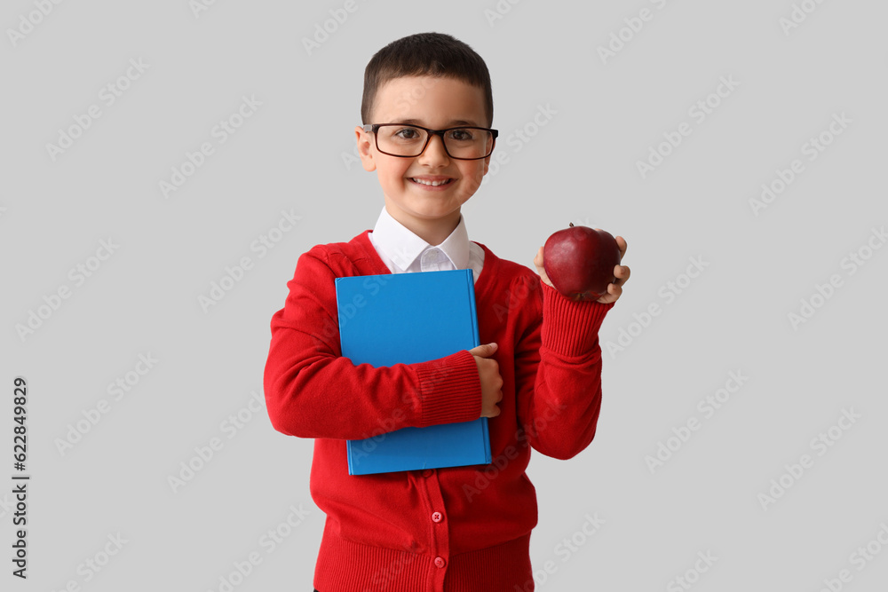 Little schoolboy with book and apple on grey background