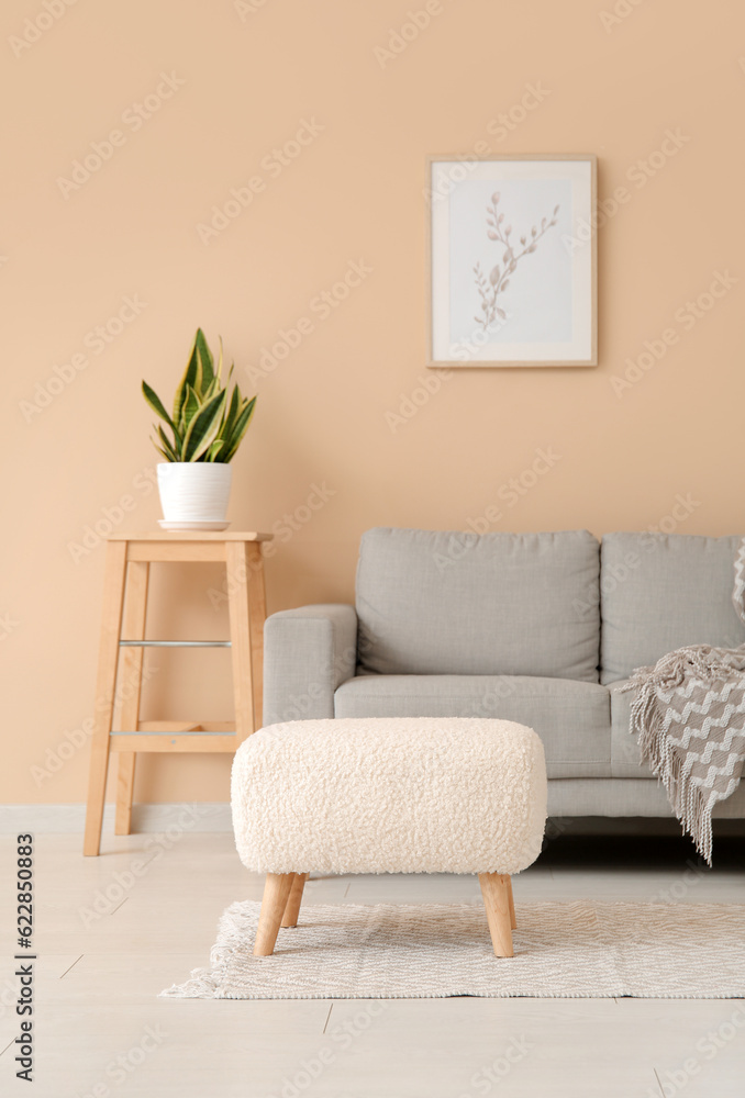 Interior of living room with sofa, ottoman and houseplant